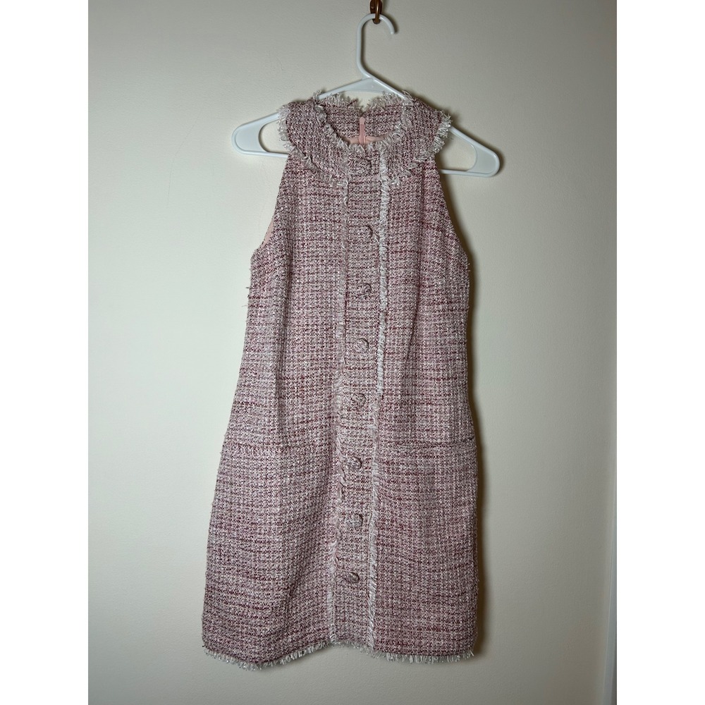 GEORGIE Pink Tweed Fringe Collar Button Front Sleeveless Mini Dress XS‎